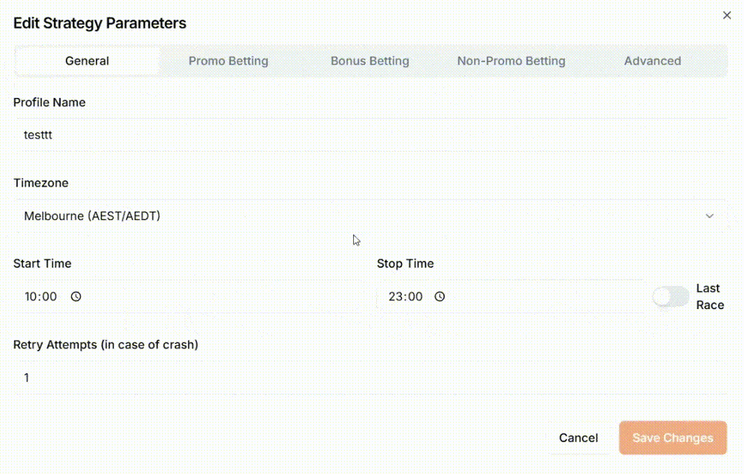 Edit Strategy Parameters Dashboard